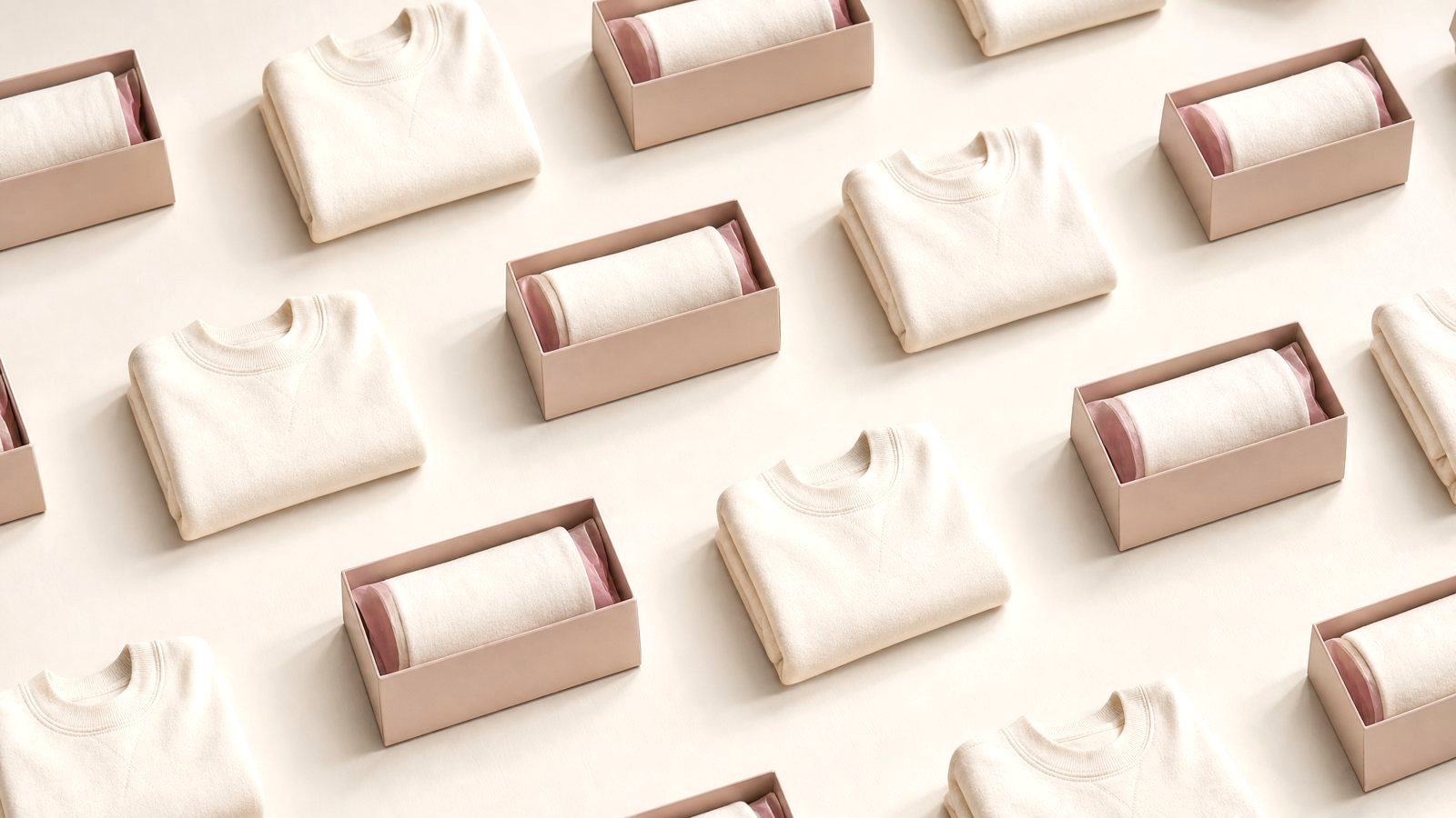 CarrieCaprie — cream sweatshirts and matching presentation boxes with rolled sweatshirts tucked inside, arranged in a clean editorial flat-lay